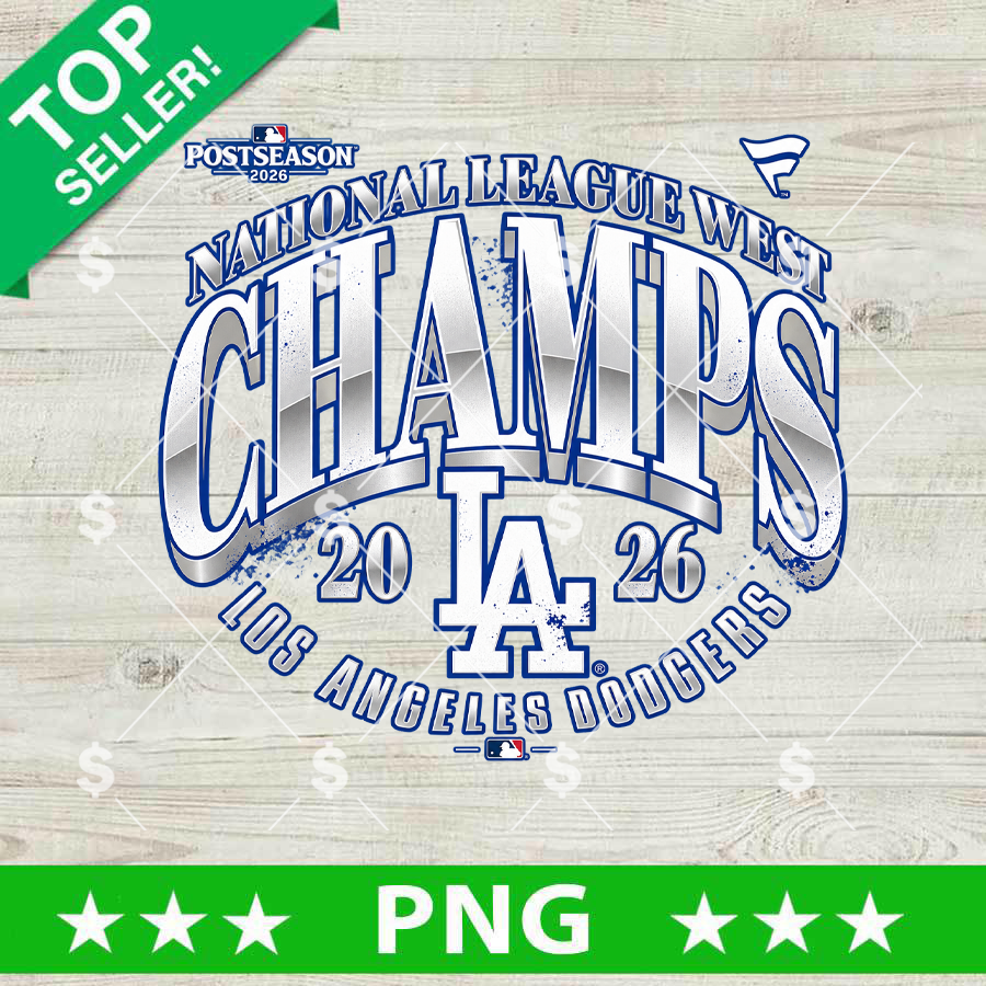 LA Dodgers National League West Champs 2026 PNG transparent design featuring metallic silver and blue typography and official team logo for sublimation t-shirts.