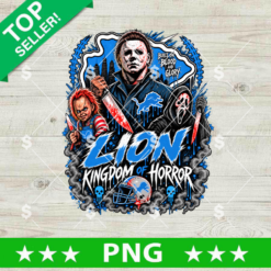 Detroit Lions Kingdom of Horror PNG Sublimation Design featuring Michael Myers, Chucky, Ghostface, and football graphics for fan apparel.