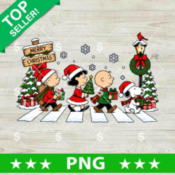Snoopy Charlie Brown Christmas Abbey Road PNG Sublimation Design featuring Peanuts gang walking on crosswalk with gifts and Santa hats.