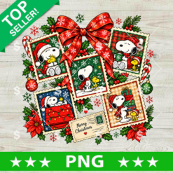Snoopy Christmas Stamp PNG, vintage holiday postage stamps digital design for sublimation and printing.