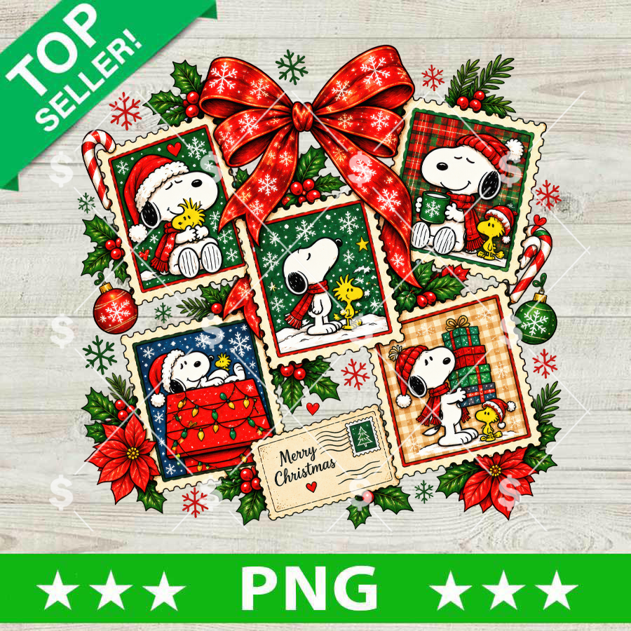Snoopy Christmas Stamp PNG, vintage holiday postage stamps digital design for sublimation and printing.