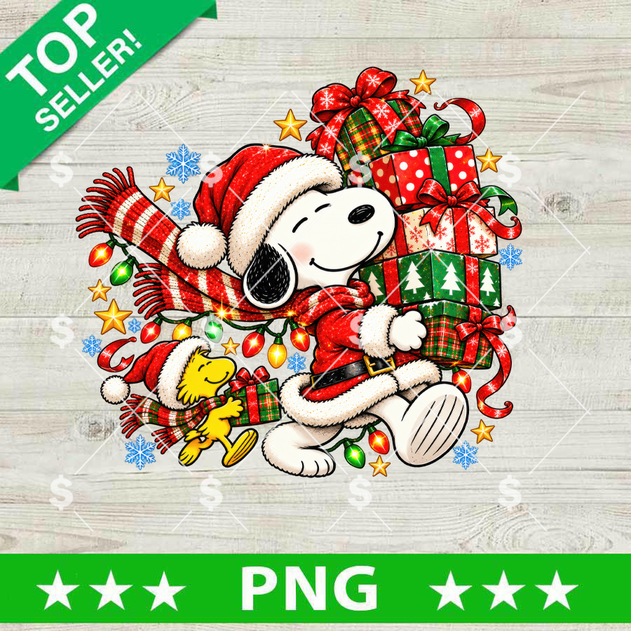 Snoopy and Woodstock Christmas PNG, Santa Snoopy holiday digital design for sublimation.