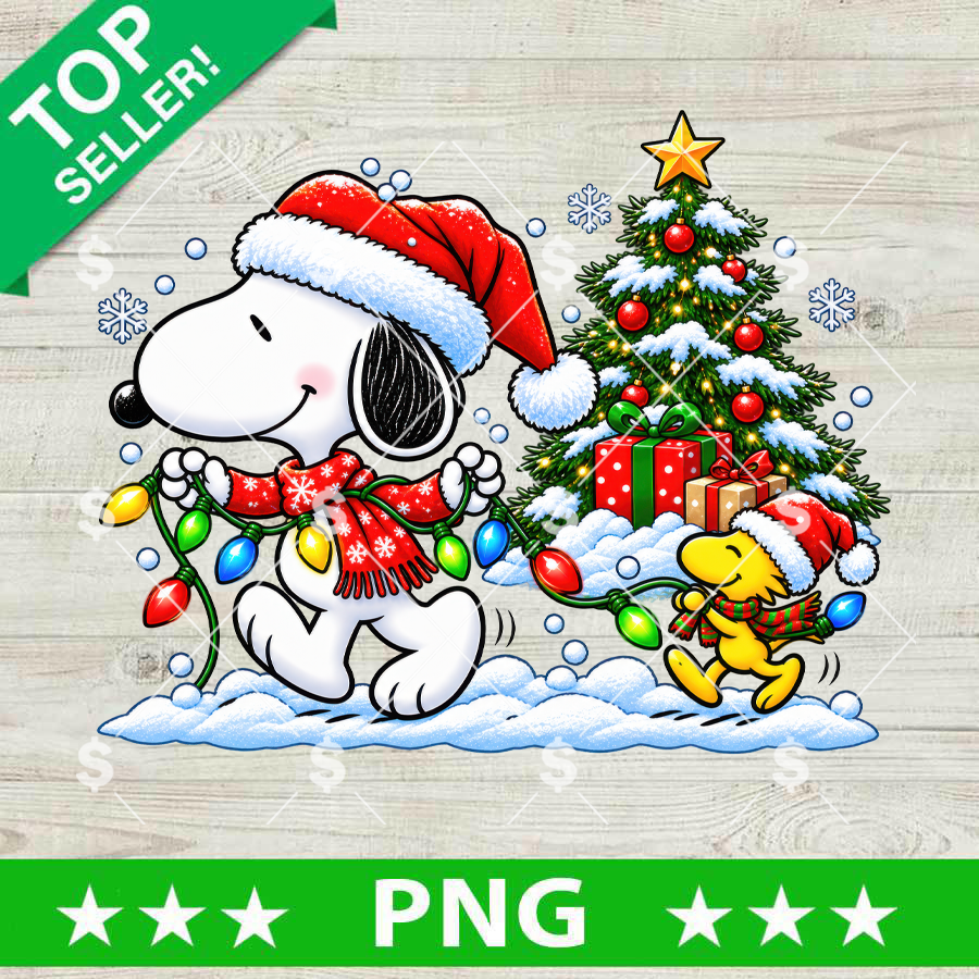 Snoopy and Woodstock Christmas Light PNG, Santa Snoopy decorating with holiday lights digital design for sublimation.