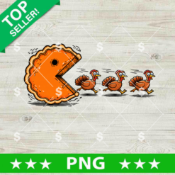 Thanksgiving Pumpkin Pie Chasing Turkeys PNG, funny Pacman holiday digital design for sublimation.