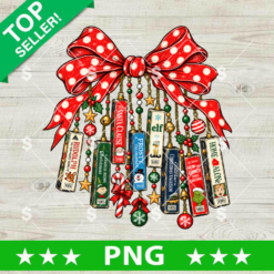 Christmas VHS Tapes PNG graphic featuring vintage Christmas movies hanging from a red polka dot ribbon bow for sublimation crafts.