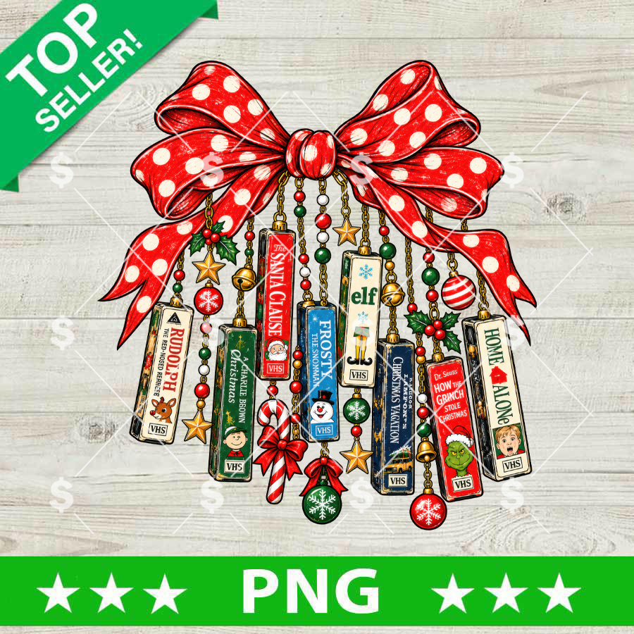Christmas VHS Tapes PNG graphic featuring vintage Christmas movies hanging from a red polka dot ribbon bow for sublimation crafts.