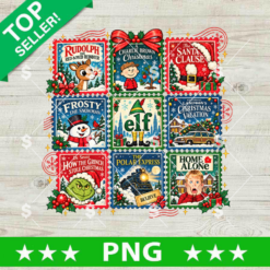Vintage Christmas Movie PNG, classic holiday films postage stamp collage digital design for sublimation.