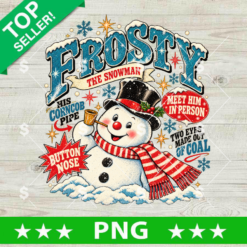 Vintage Frosty the Snowman PNG, retro holiday character digital design for sublimation and printing.
