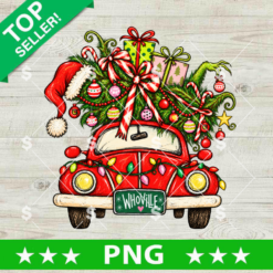 Whoville Christmas PNG red car loaded with holiday tree, presents, Santa hat, and Grinch hand for Christmas sublimation