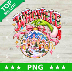 Whoville Christmas Ornament PNG design featuring green furry hand, Christmas lights, pink ribbon, and snowy Whoville town inside a globe for sublimation crafts.