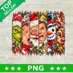 Christmas Movie Characters PNG sublimation design featuring Grinch, Home Alone, Santa, Elf, and reindeer panels for t-shirt printing.