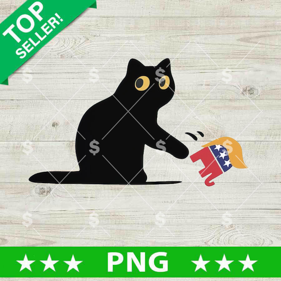 Black cat batting away a Trump wig PNG digital design, perfect for funny political parody t-shirts and custom sublimation crafts.