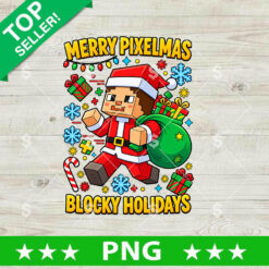 Merry Pixelmas Blocky Holidays PNG Sublimation Design featuring a Minecraft Santa character carrying a gift sack with snowflakes and candy canes.
