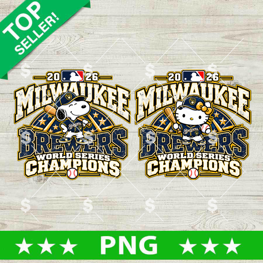 Milwaukee Brewers 2026 World Series Champions PNG Bundle featuring cute Snoopy and Hello Kitty baseball designs in team uniforms for sublimation