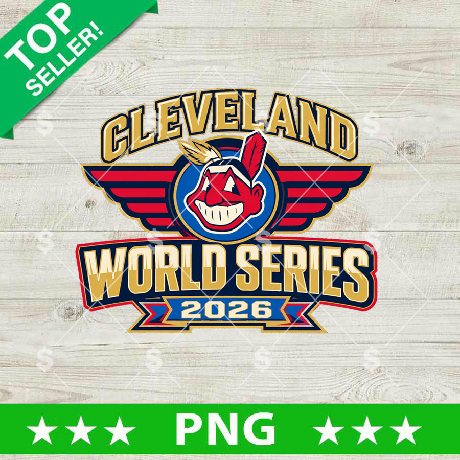 Cleveland World Series 2026 PNG transparent background clipart featuring retro baseball mascot Chief Wahoo and gold wings graphics for DTF printing and sublimation.