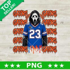 Florida Gators Ghostface PNG featuring a horror scream mask in a blue football jersey with dripping orange graffiti text for sublimation crafts.