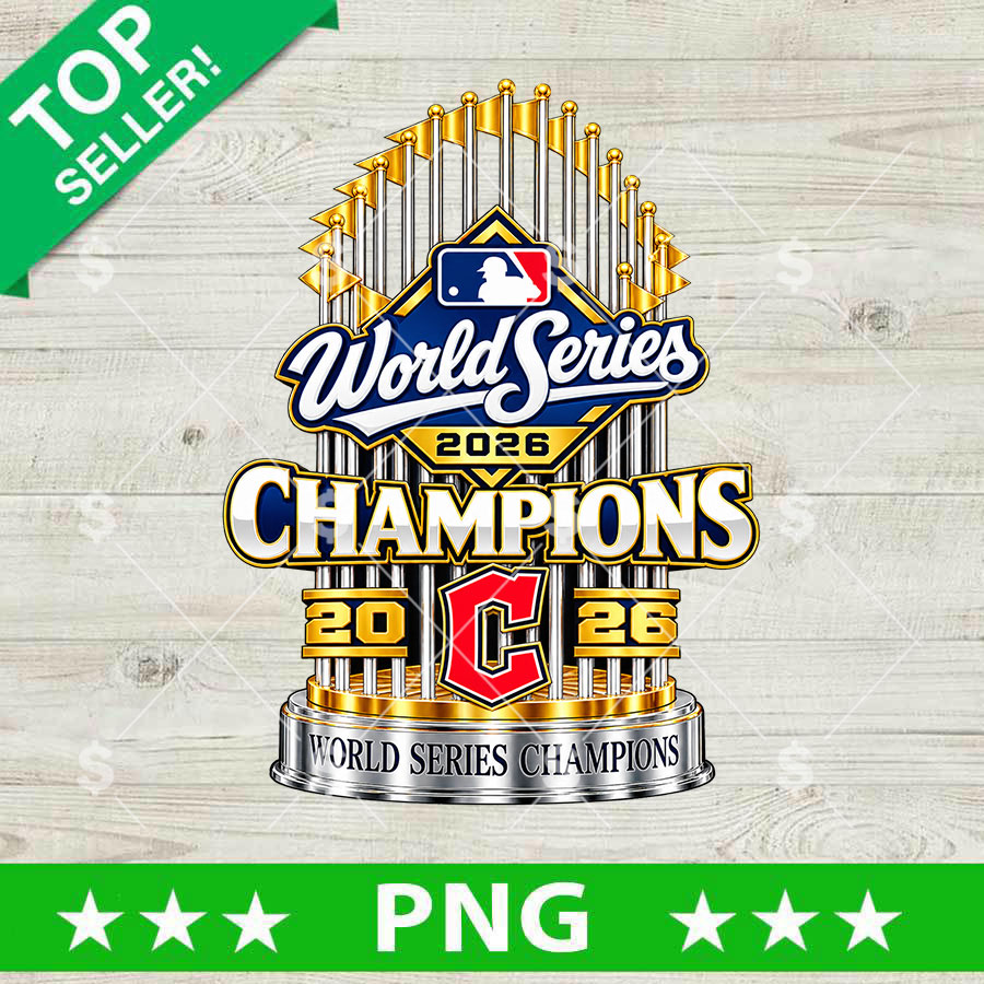 Cleveland World Series Champions 2026 PNG transparent clipart featuring Commissioner Trophy gold flag detailing and red Cleveland Guardians C logo for DTF printing and sublimation.