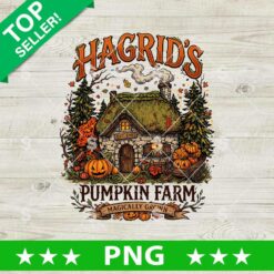 Illustrated Hagrid's Pumpkin Farm PNG featuring a stone cottage, pine trees, falling autumn leaves, and carved jack-o'-lantern pumpkins.