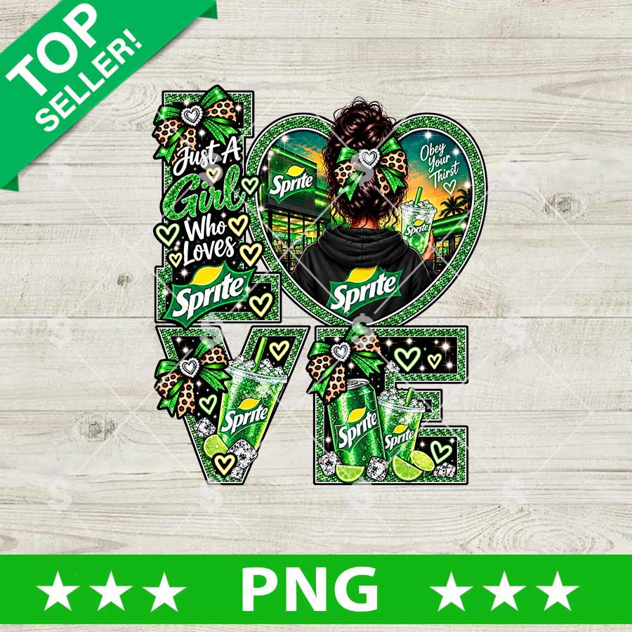 Sprite LOVE PNG soda drink messy bun green glitter sublimation digital design download