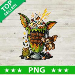 Spooky monster dessert illustration featuring a Gremlin Milkshake creppy Halloween PNG with bat wings, treats, and warning text.