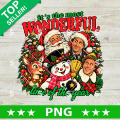 It's The Most Wonderful Time Of The Year PNG design featuring Santa Claus, Frosty the Snowman, Buddy the Elf, Michael Scott, and reindeer for holiday sublimation