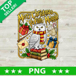 Merry Christmas Ya Filthy Muggle PNG Sublimation Design featuring a snowy owl with scarf, magic wand, letter, gifts, and hot cocoa.