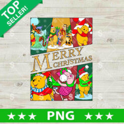 Winnie The Pooh Merry Christmas PNG sublimation design featuring Pooh, Piglet, and Tigger in festive winter holiday outfits for Christmas crafts.
