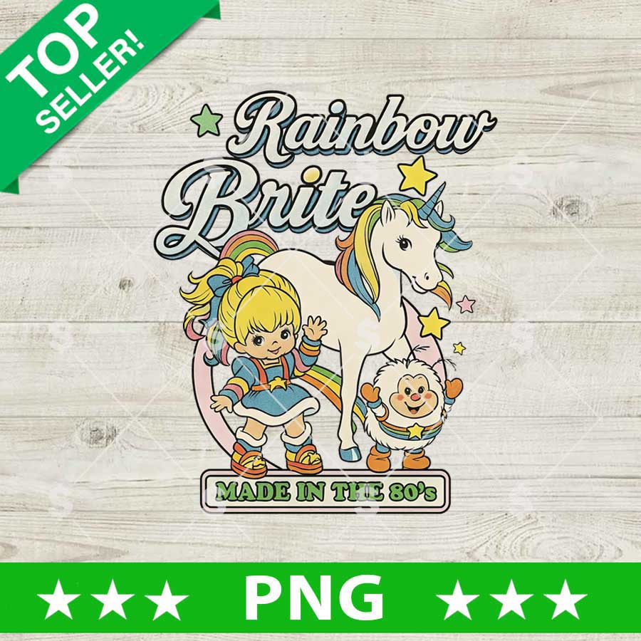 Rainbow Brite PNG sublimation design with Starlite unicorn and Twink sprite for 80s retro t-shirts and craft projects.