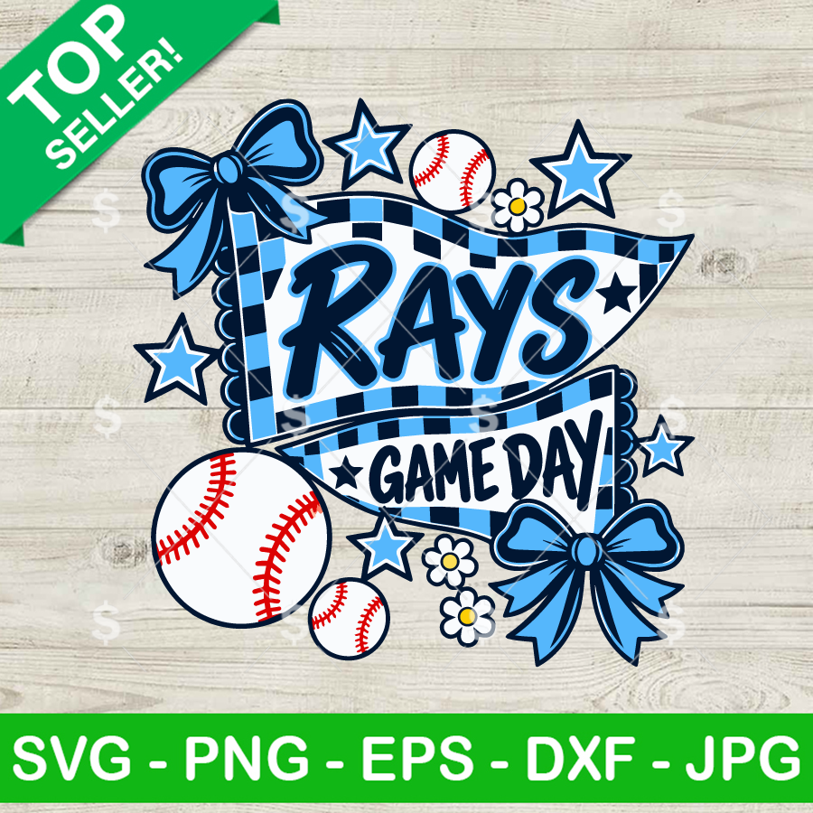 Tampa Bay Rays Game Day SVG PNG digital cut file featuring checkered pennant flags, blue bows, stars, and baseballs for Cricut and sublimation crafts