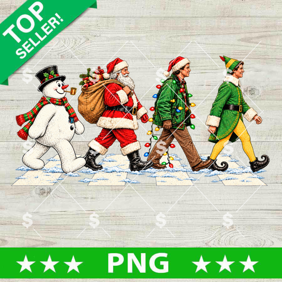Christmas Abbey Road PNG design featuring Frosty the Snowman, Santa Claus, Clark Griswold with lights, and Buddy the Elf walking across a snowy crosswalk for holiday sublimation