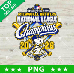 Snoopy Milwaukee Brewers National League Champions PNG design with cute dog, crossed bats, and 2026 World Series logo for baseball sublimation