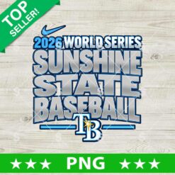 Tampa Bay 2026 World Series Sunshine State Baseball PNG transparent background clipart featuring bold silver-blue block typography and TB logo for DTF printing and sublimation.