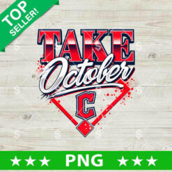 Cleveland Take October PNG transparent background clipart featuring red halftone text, script lettering, baseball diamond frame, and Cleveland C logo for DTF printing and sublimation.