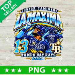 Junior Caminero La Maxima Tampa Bay Rays 2026 PNG design featuring player #13, bold typography, and starburst effects for baseball sublimation