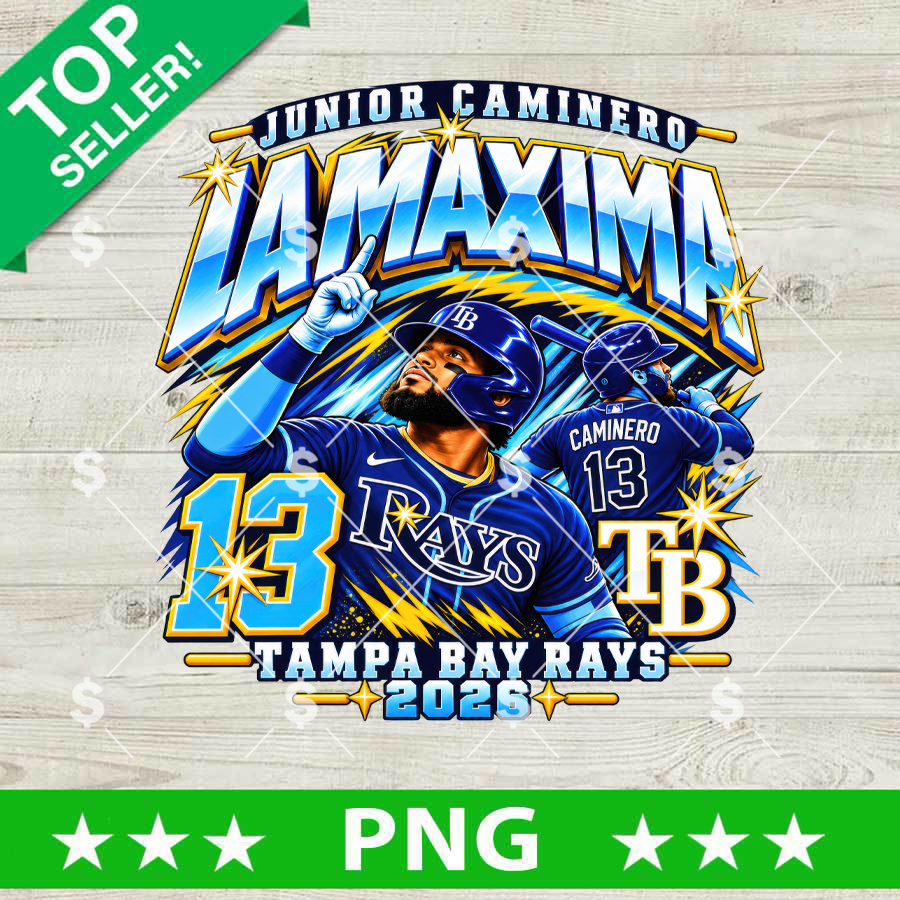 Junior Caminero La Maxima Tampa Bay Rays 2026 PNG design featuring player #13, bold typography, and starburst effects for baseball sublimation