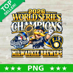Milwaukee Brewers Mascot World Series Champions PNG design featuring Bernie Brewer holding the gold championship trophy and team logo for sports sublimation
