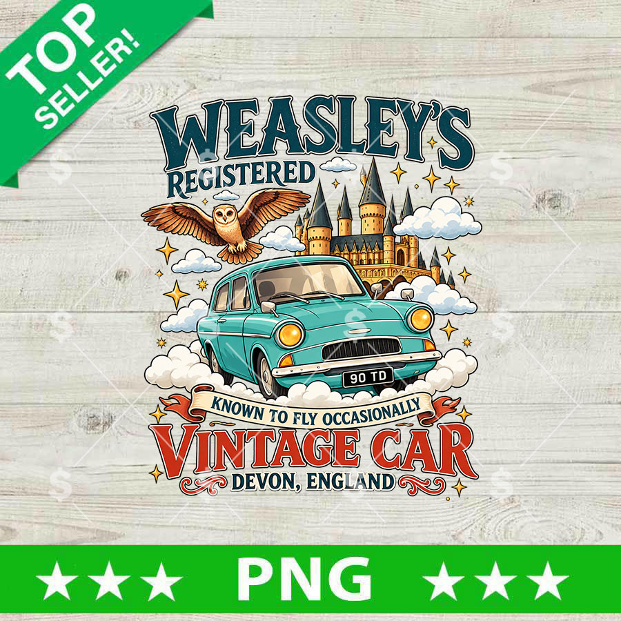 Weasley's Flying Car PNG Sublimation Design featuring turquoise flying car, owl, magical castle, clouds, and Devon England vintage typography.
